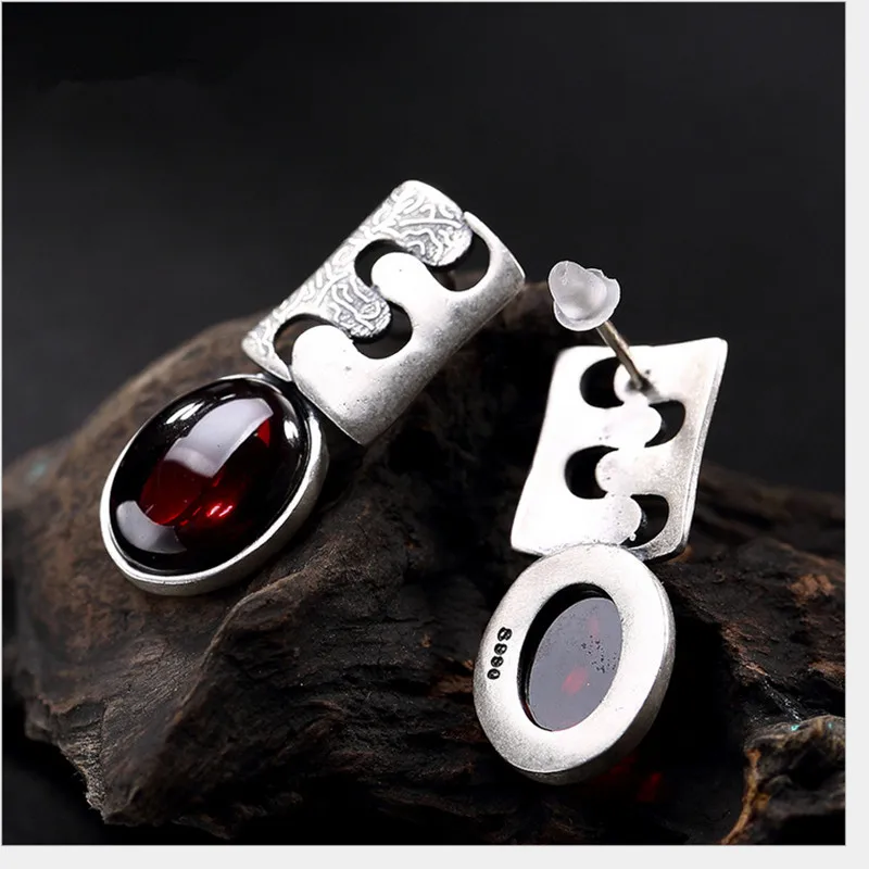 

Uglyless Real 990 Fine Silver Jewelry Nature Red Stone Dangle Earrings for Women Retro Patterns Double E Brincos Handmade Bijoux