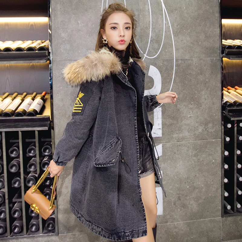 2021 High Quality Fox Fur Collar Hooded Cotton Coat New Europe America Warm Thicke Loose Long Denim Jacket Cotton Clothing