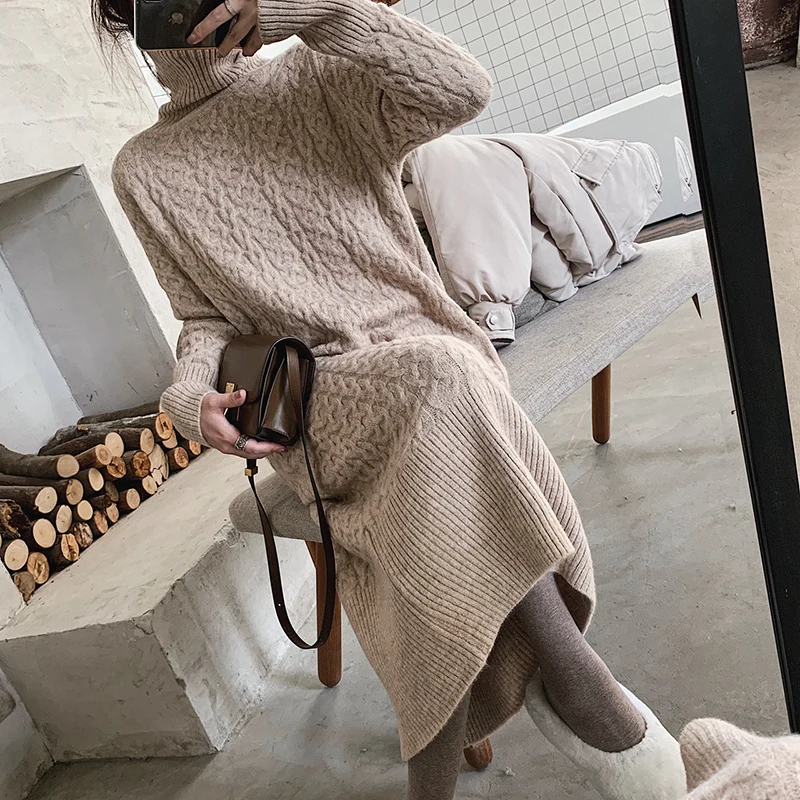 CamKemsey, толстый теплый зимний свитер, платье для женщин, макси Vestidos,, осенняя мода, скрученная водолазка, вязанные длинные платья