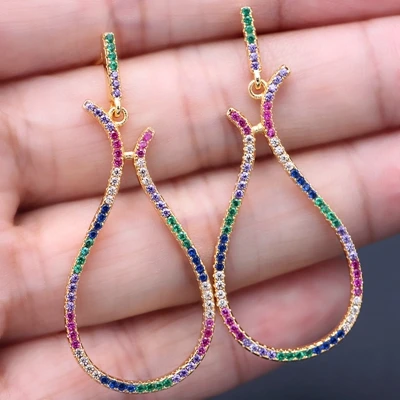 gold plated Pave Rainbow кубический цирконий Висячие серьги для женщин золотой цвет Большая тыква полый цвет красочные CZ большие висячие вечерние серьги - Окраска металла: gold plated