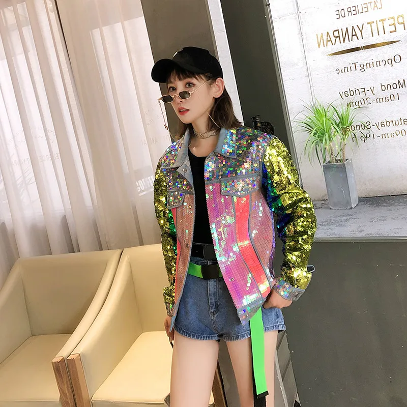 7 Манг 2019 женская уличная панк джинсовая куртка контрастный цвет блесток