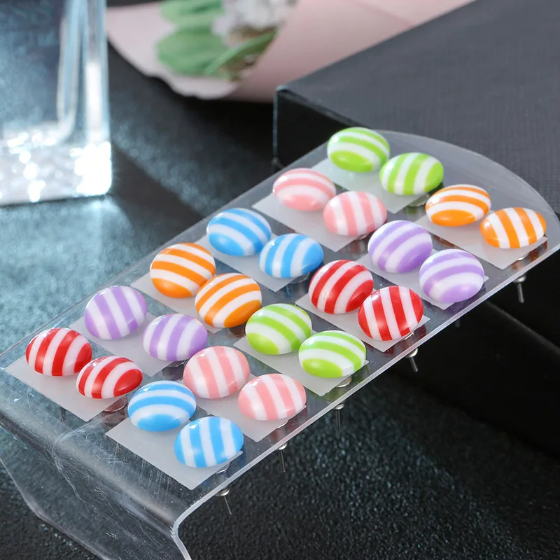 12 пары/компл. милые Разноцветные полосатые серьги-гвоздики для женщин и девочек