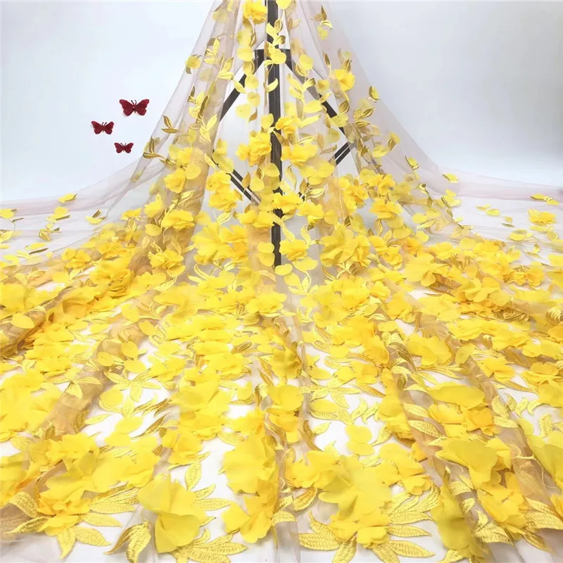 Элегантная желтая французская кружевная ткань высокое качество 3D цветы
