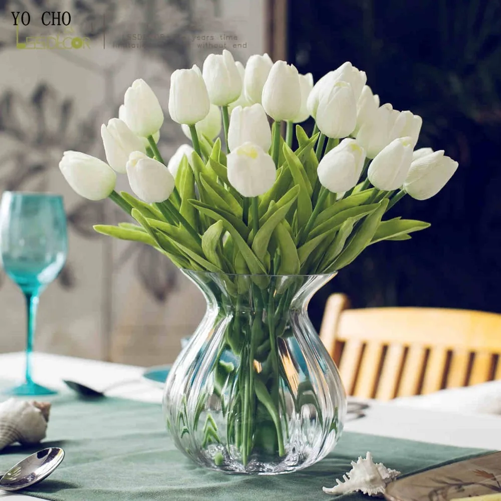 

YO CHO 10pcs/lot Tulips Artificial Flowers PU Artificial Flowers In Vase Include Farmhouse Home Decor Wedding Decoration Flower
