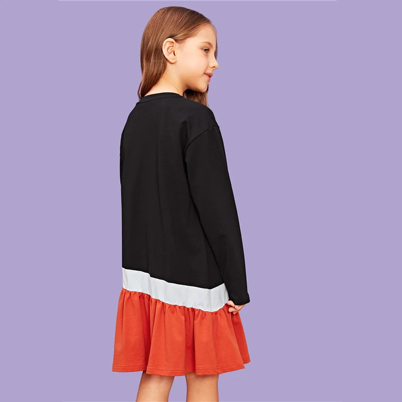 SHEIN/детское праздничное платье с цветными блоками и вышивкой для девочек; коллекция года; сезон весна; повседневные Детские платья средней длины с длинными рукавами; Одежда для девочек
