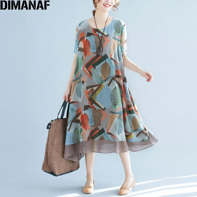 

DIMANAF Oversize 2021 Summer Women Chiffon Dress Beach Leaves Print Loose Sweet Fashion Casual Short Sleeve Elegant Lady Dress