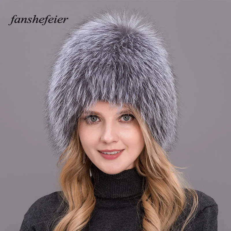 Fanshe Frauen Hut Fuchspelz Hut Weiblichen Ohr Warme Winter Muss Naturliche Silber Fuchspelz Frauen Winter Hut Gestrickte - Цвет: colour03
