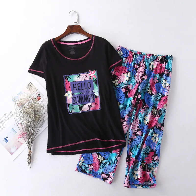 Hello Летняя женская пижама с принтом вязаный хлопковый черный пижамный комплект