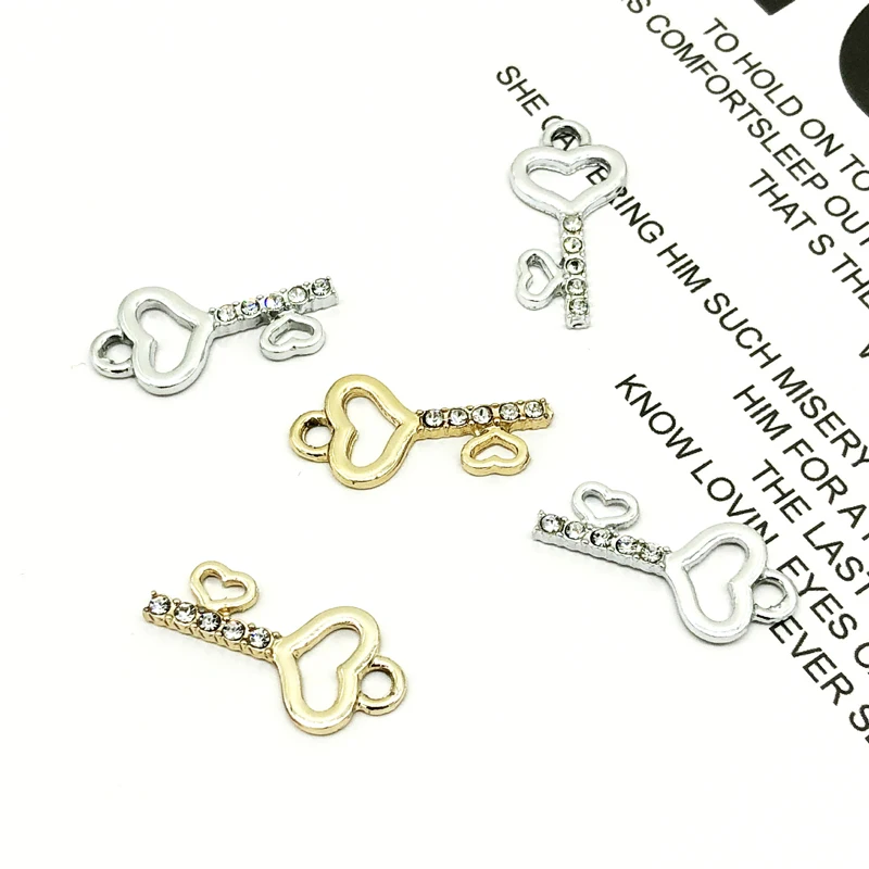 

10 pcs Heart Key Metal Charms Earring Making Gold/Silver Rhinestone Love Lock Opener Pendant Necklace Jewelry Accessories YZ167