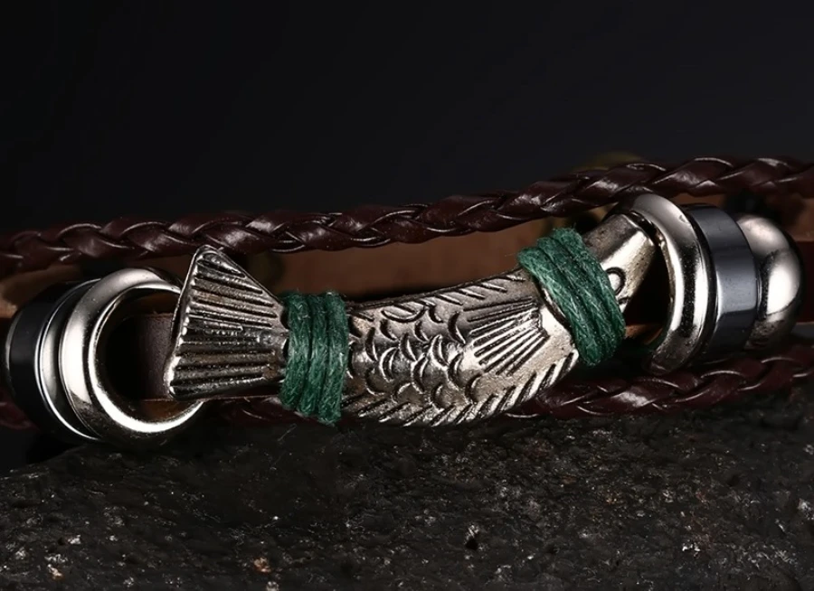 Sauvoo Punk Vintage Alloy Fish Charms Braided Leather Bracelets Multilayers Rope Wrap Wristband Bracelet Men Fashion Jewelry | Украшения и