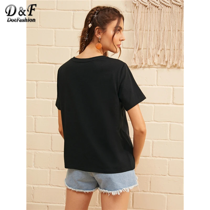 Dotfashion, черный бант, рисунок, летний топ для женщин,, Повседневная футболка, короткий рукав, одежда для девушек, корейская мода, футболка
