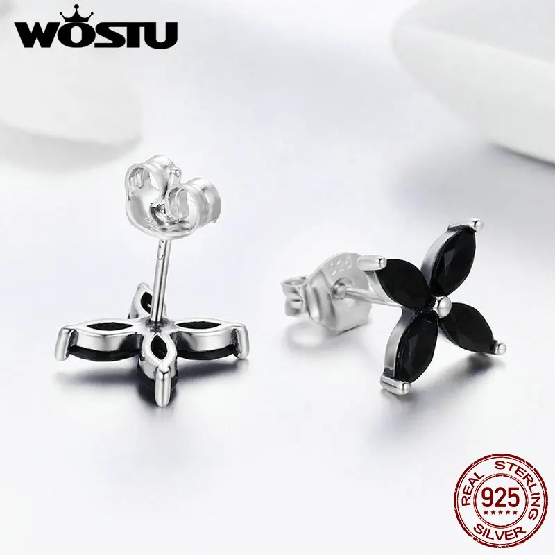 WOSTU 100% Настоящее серебро 925 пробы цветок черный CZ серьги гвоздики для женщин