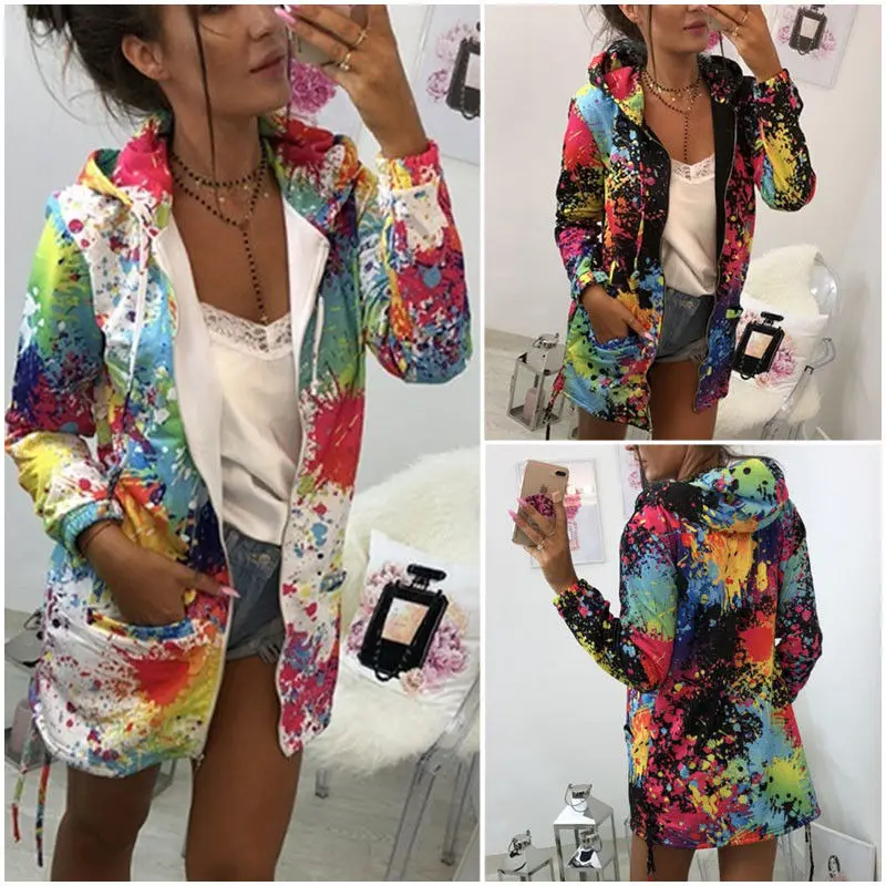 

Fashion Brand Newest Women's Long Sleeve Hooded Ink Painting Colorful Windbreaker Parka Coat Outwear Soft Clothes