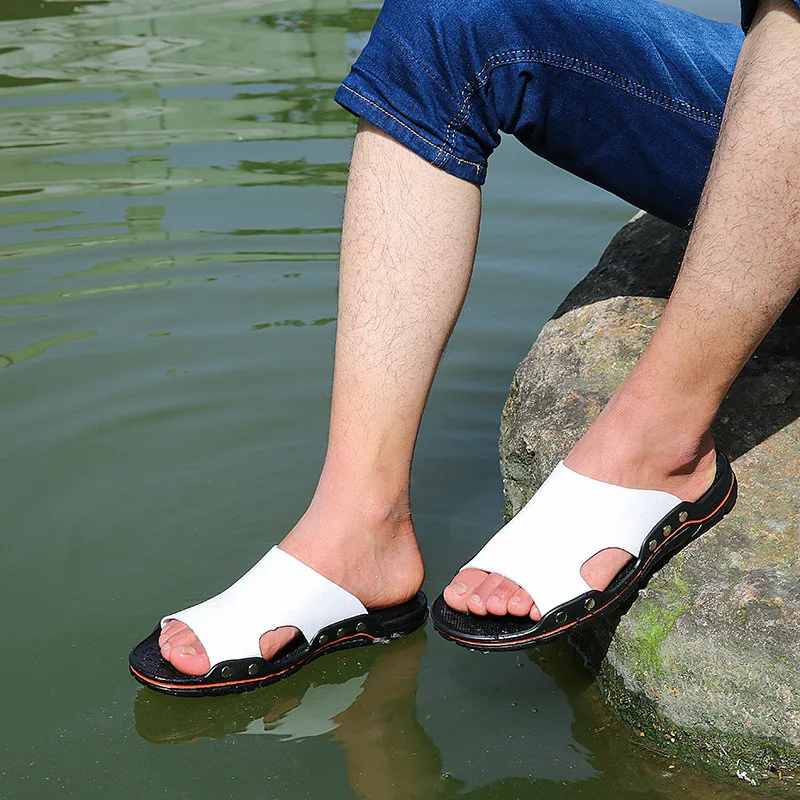 Мужские Пляжные Шлепанцы из коровьего спилка мягкие резиновые сандалии