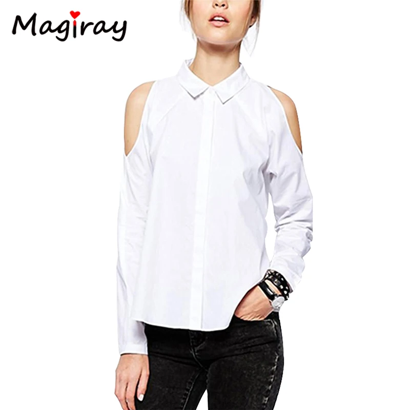 Magiray Long Sleeve Off Clod Shoulder Shirt Women Button-Down White Blouse Black Casual 2020 Loose Summer Female Ladies Tops