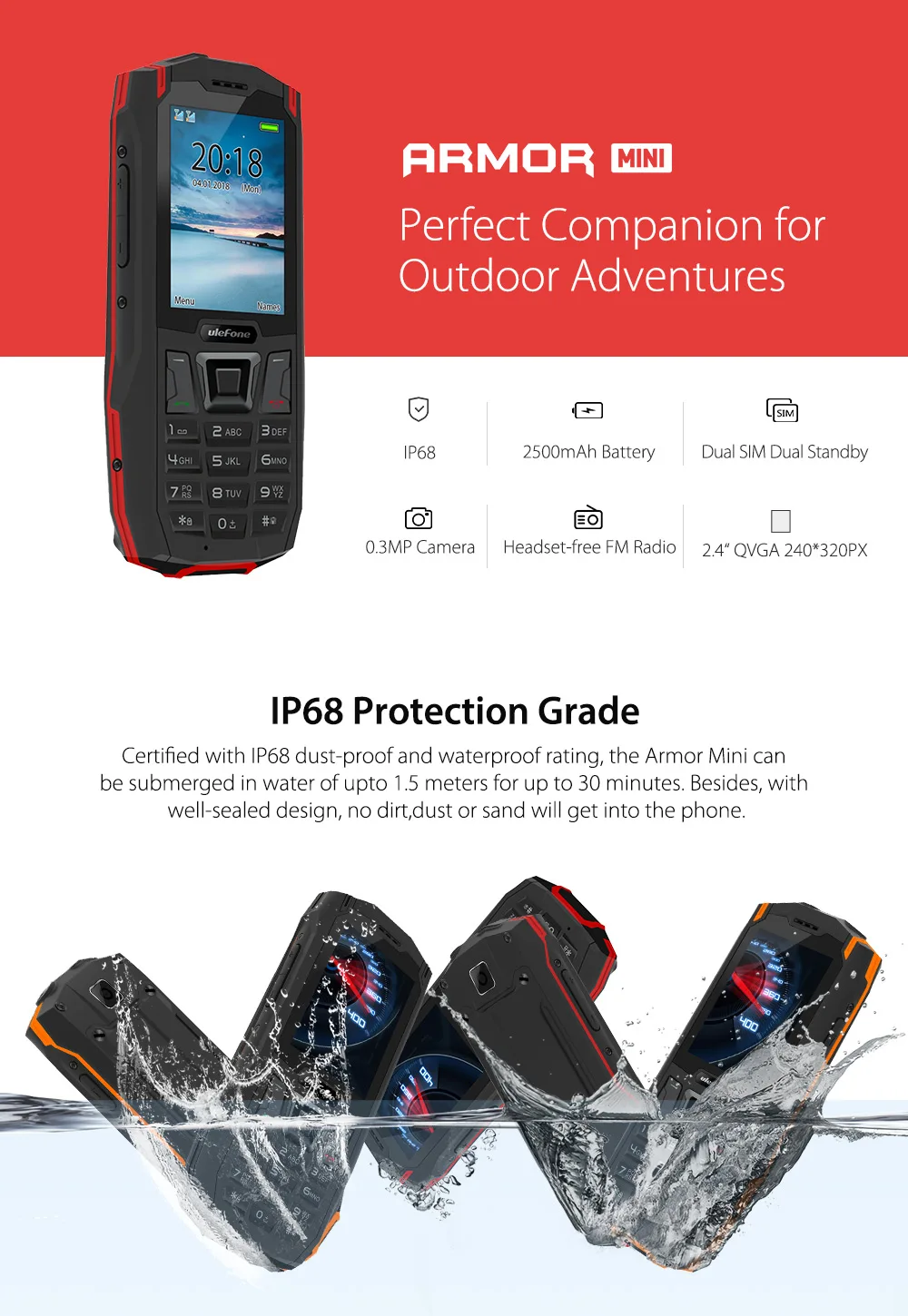 Ulefone Armor Mini IP68 водонепроницаемый внешний телефон 2,4 дюймов MTK6261D беспроводной fm-радио 2500 мАч МП Две sim-карты мобильный телефон