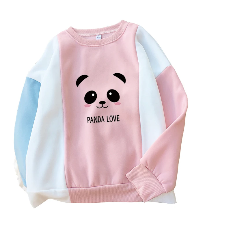 

Kawaii Hoodies Women Clothing Long Sleece O-neck Pullover Autumn Winter Loose Cartoon Panda Fleece Splicing Harajuku Sweatshirt
