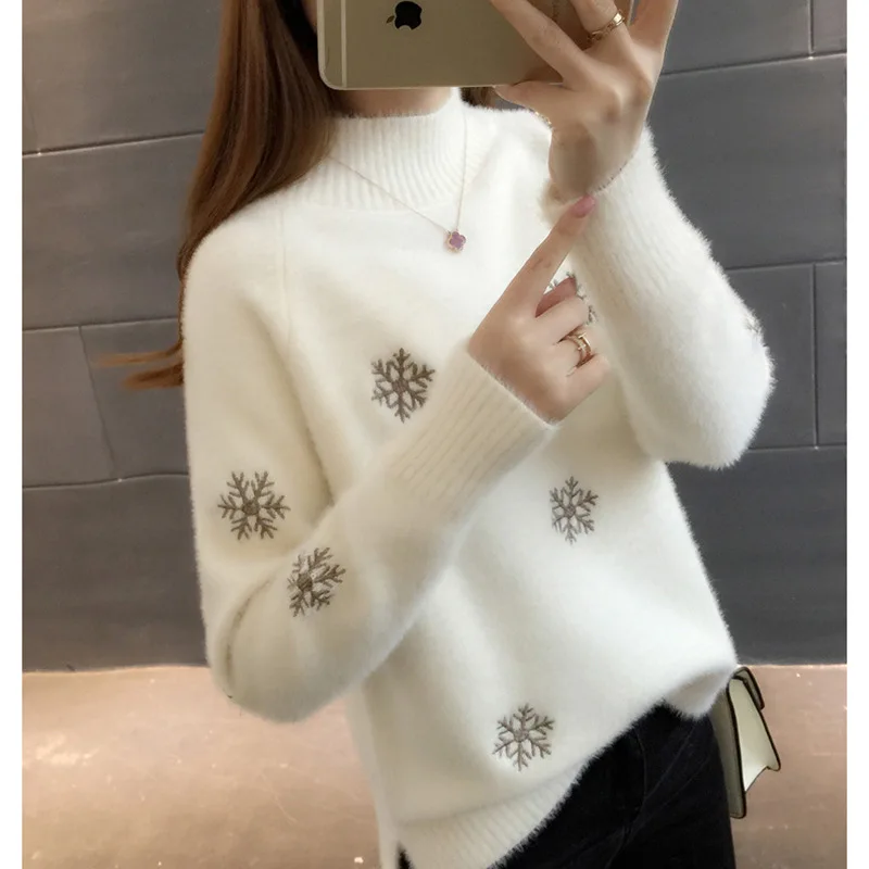 

Stylish clothesTurtleneck sweater women high quality Winter women's sweaters embroidery Warm Knitted pullover female thick K4354