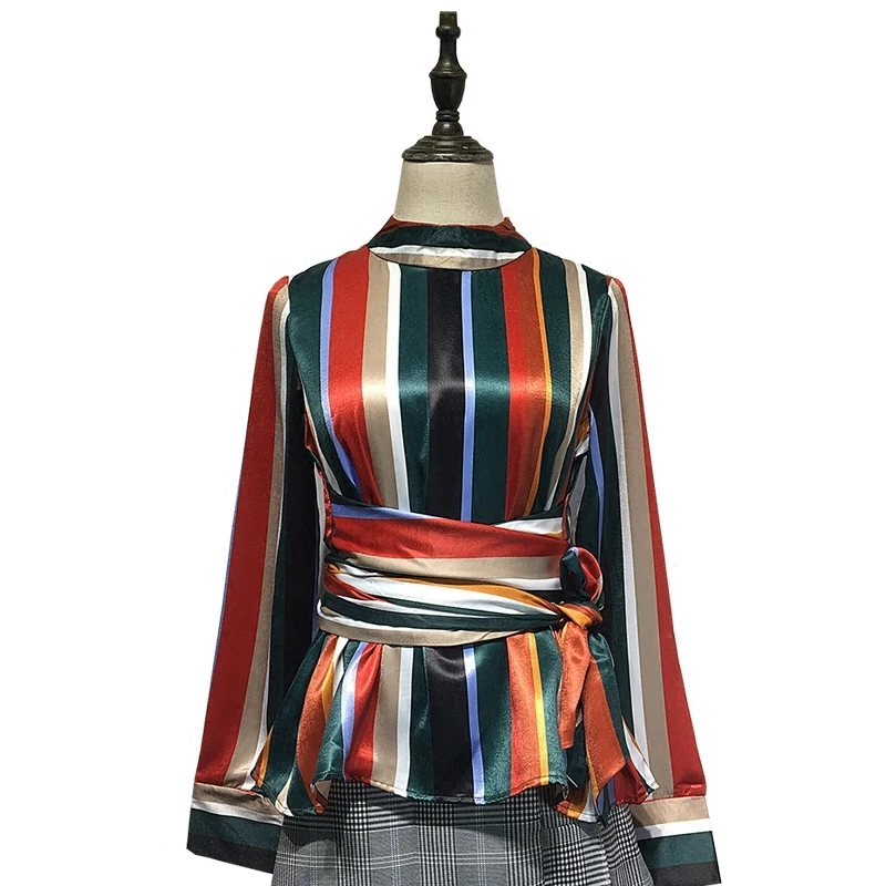 

Autumn Korean Chic Full Sleeve Stand Neck Multicolor Stripe Satin Shirt Pullover Belt Sashes Sexy Blouse Women's Female A089