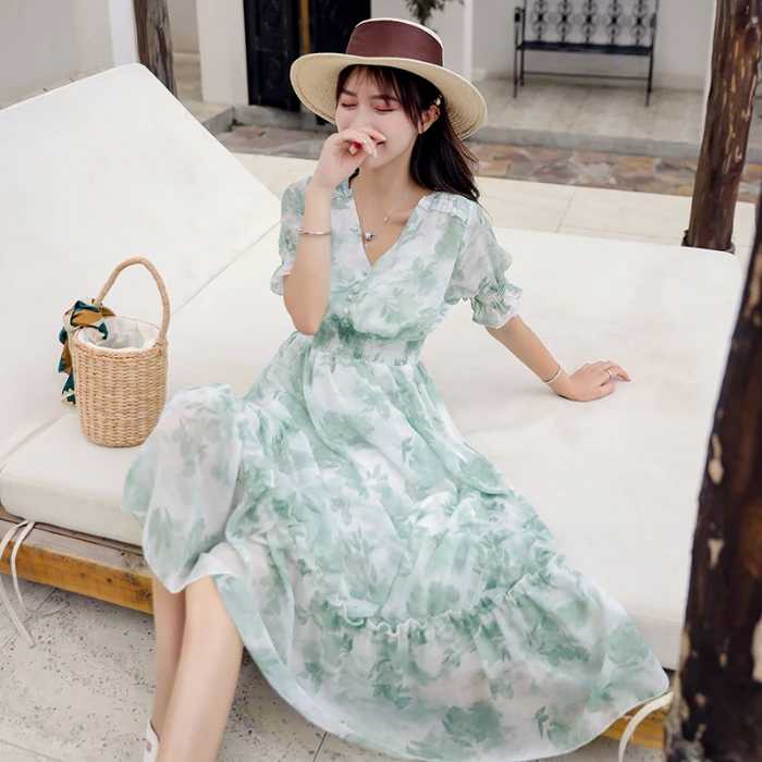 Женское винтажное пляжное платье шифоновое ТРАПЕЦИЕВИДНОЕ ПЛАТЬЕ с оборками и