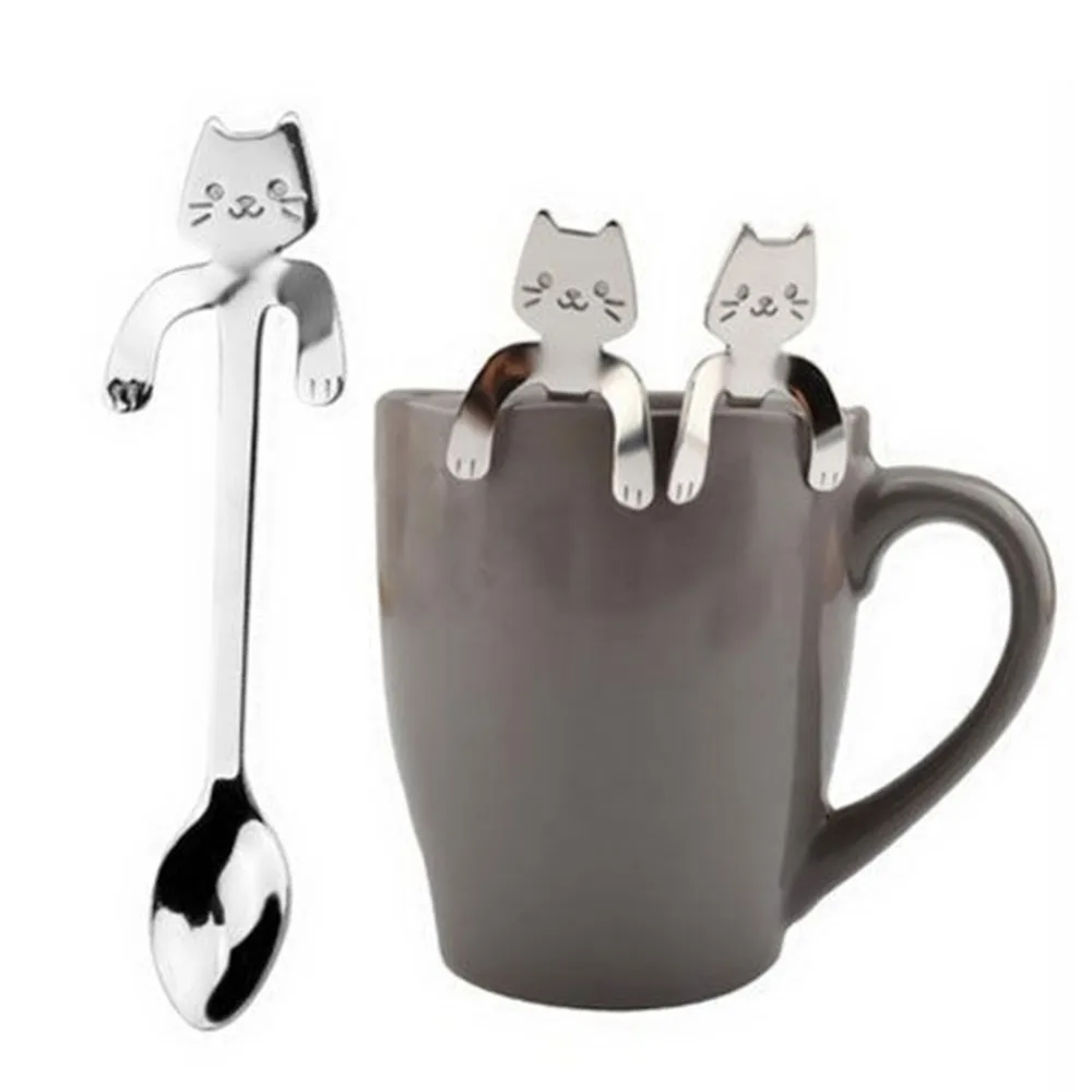 Imixlot 1Pc Stainless Steel Spoon Cute Cartoon Kitten Handle Special Design Pudding Coffee Unique Creative Tableware | Дом и сад