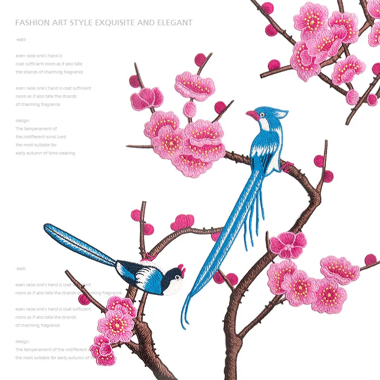 Одежда с цветком сливы и птицами Нашивки вышивкой Кружевные вставки мотивы