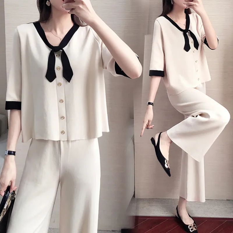 Женский трикотажный комплект из 2 предметов: топ с коротким рукавом и бантом