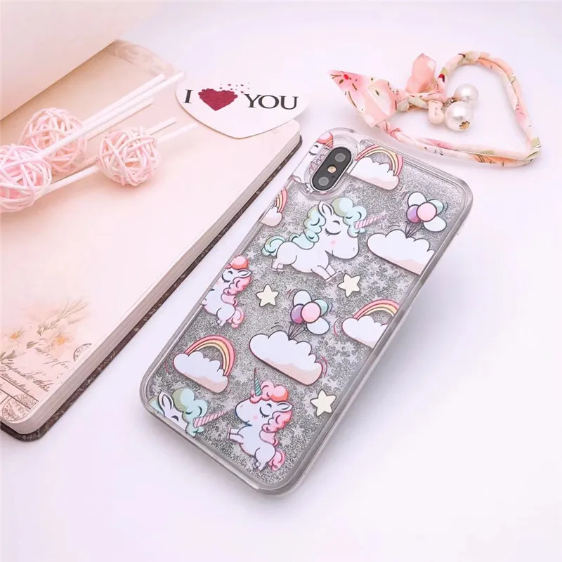 Милый мультяшный чехол для iPhone X с единорогом жидкий блеск зыбучие пески чехлы 8 7