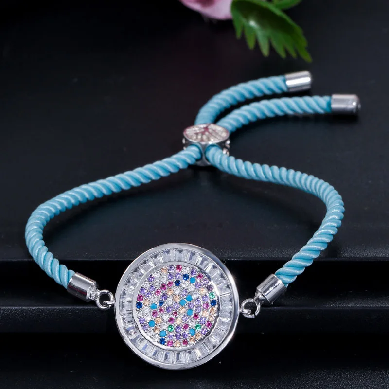 light blue CWWZircons Регулируемый красивый разноцветный кубический цирконий камни Круглый Шарм ручной работы женский веревочный браслет на цепочке CB041 - Окраска металла: light blue