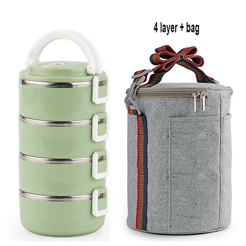 4 Layer (Green) Bag Японский Ланч-бокс, термоконтейнер для еды, Bento box из нержавеющей стали, ланчбокс для детей, портативный, для пикника, школы, утолщенный контейнер для еды - Цвет: 4 Layer (Green) Bag