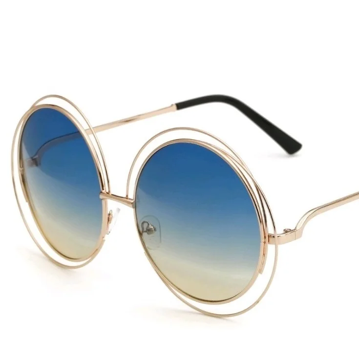 Gold - Blue Yellow Новейшие круглые негабаритные солнцезащитные очки для женщин, зеркальные солнцезащитные очки для вождения, женские солнцезащитные очки с большой оправой, солнцезащитные очки с градиентными линзами Oculos De Sol - Цвет линз: Gold - Blue Yellow