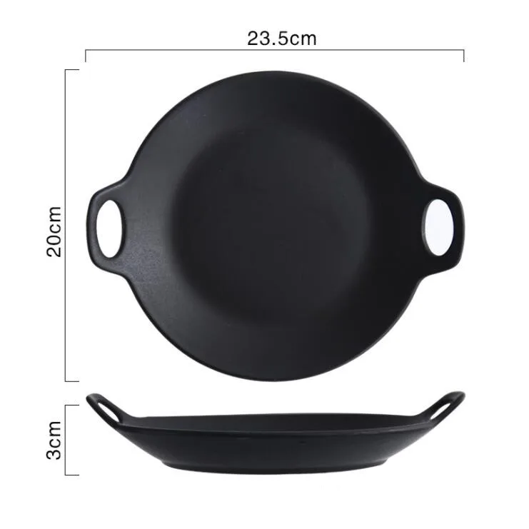round-black Матовый керамический бинауральный поднос, Бытовая Посуда, тарелка для завтрака, тарелка для стейка, миска для выпечки, противень для духовки, тарелка для фруктового торта - Цвет: round-black