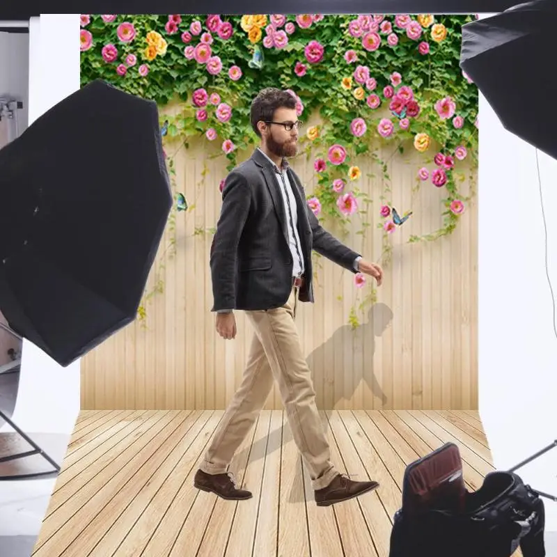 Фон для студийной фотосъемки с изображением деревянных досок и цветов материал