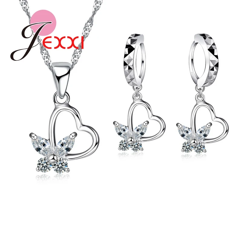 

925 Sterling Silver Jewelry Set CZ Crystal Love Heart Pretty Butterfly Pendant Necklace & Earring Wedding Party Decoration