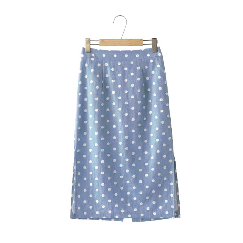 

PERHAPS U Blue Polka Dot Split Knee Length Straight Skirt Empire High Street Summer S0083