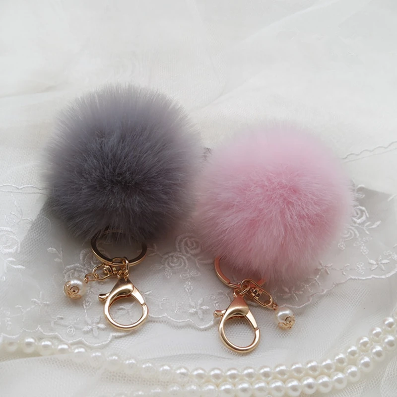 

Cute Fluffy Rabbit Fur Ball Pompon Keychain Pom Pom Fur Ball Pearl Key Chain Women Gold Charm Bag Car Trinket Jewelry Party Gift