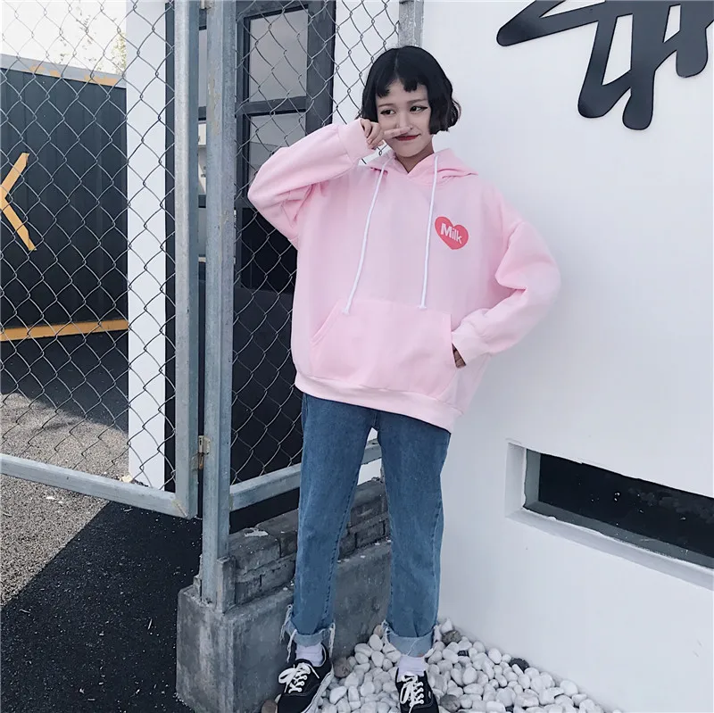 New Hooded Hoodies Women Strawberry Milk Heart Print Kangaroo Long Sleeve Sweatshirt Front Pocket Casual Harajuku Jumper | Женская