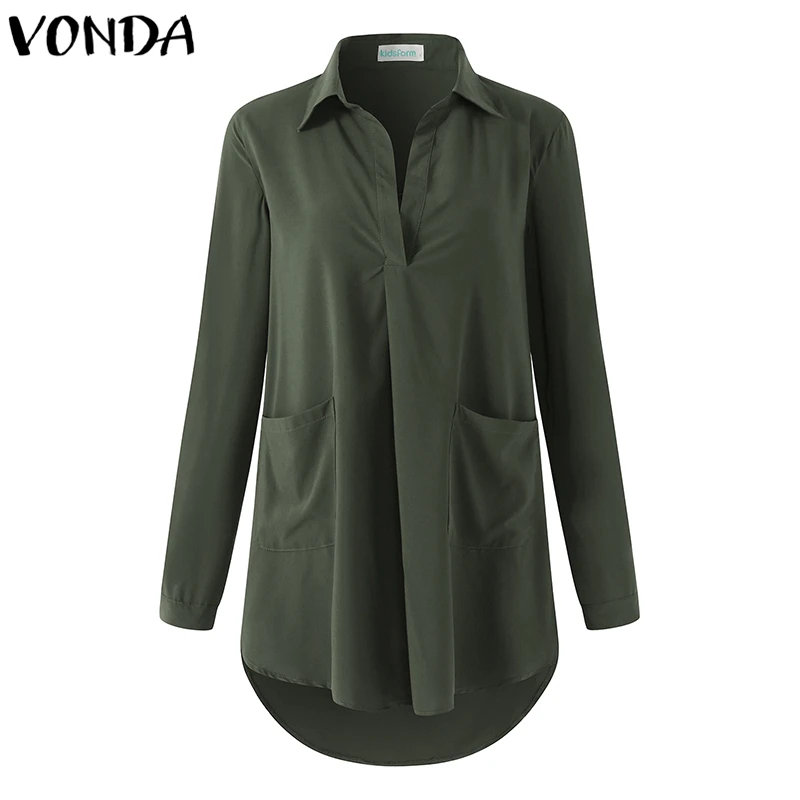 VONDA, женская блузка, рубашка, осень, сексуальная, для беременных, элегантная, v-образный вырез, длинный рукав, асимметричные карманы, для беременных, топы, Blusas Femininas - Цвет: Army Green