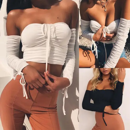 

Meihuida 2019 Fashion Sexy Women Long Sleeve Off Shoulder Crop Top Casual Short Solid Shirt Blouse shirt Crop Top
