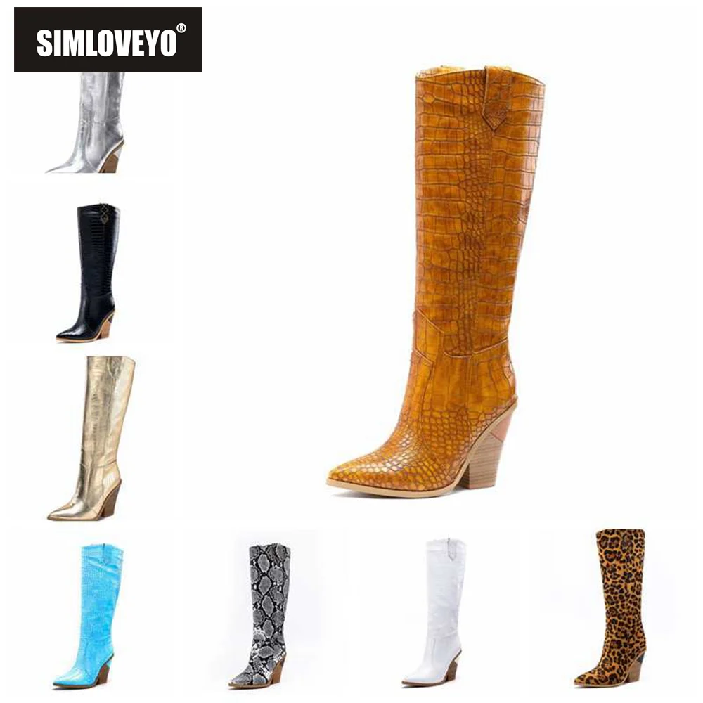 SIMLOVEYO/ г. Новые Брендовые женские сапоги до колена ковбойские сапоги в западном стиле с острым носком, на среднем квадратном каблуке, без шнуровки большой размер 15 46, Леопардовый, золотистый