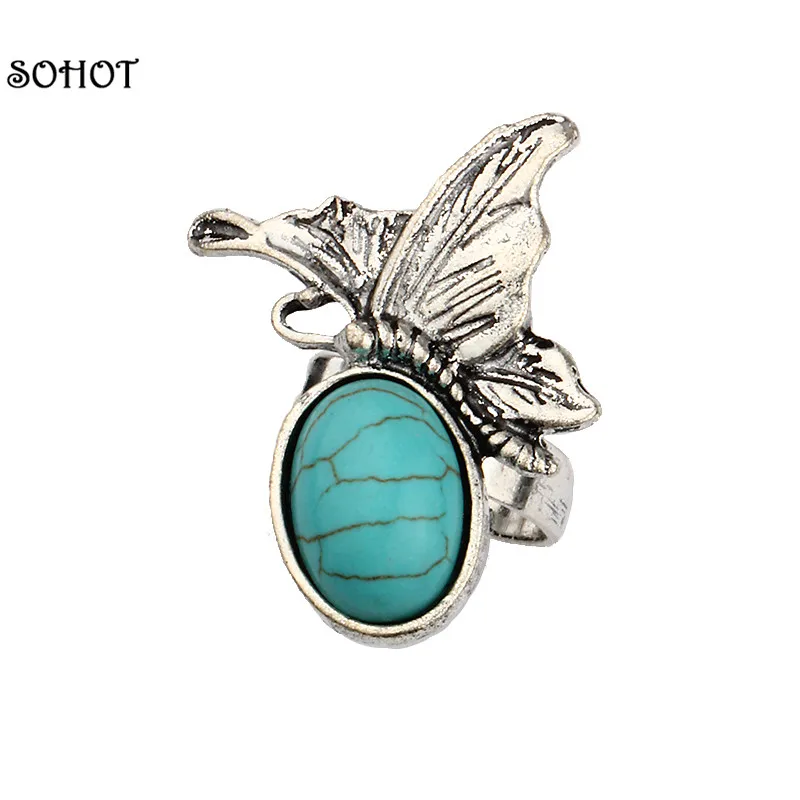 SOHOT модное винтажное натуральное кольцо с камнями Античная Серебряная бабочка