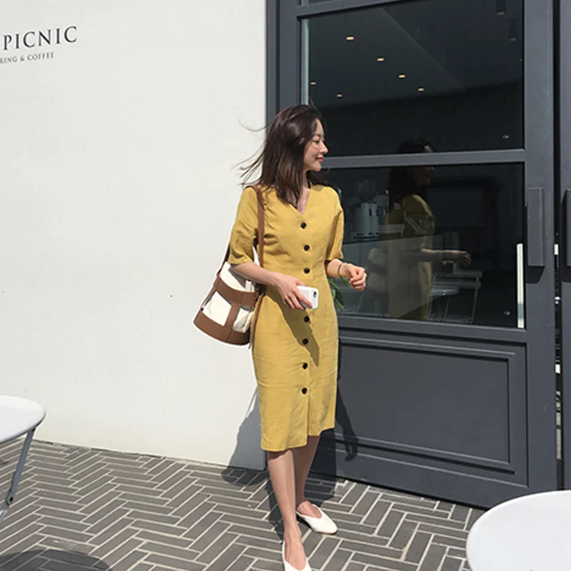 Женское однобортное платье с V-образным вырезом однотонное короткими рукавами