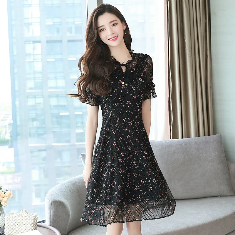 Винтажное летнее платье с принтом 2018 шифоновые женские платья трапециевидной