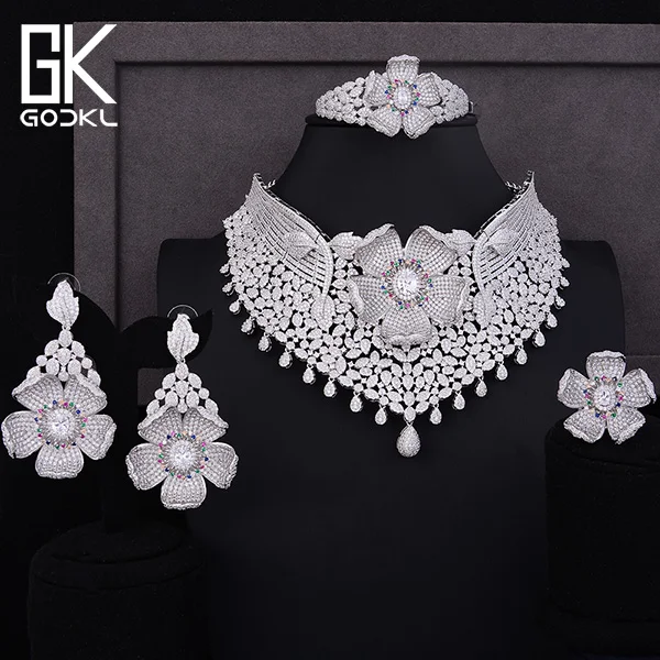 Silver GODKI Роскошные кубический циркон нигерийские Ювелирные наборы для женщин Свадебные индийские цепочки и ожерелья серьги наборы браслет кольцо parure bijoux femme - Окраска металла: Silver