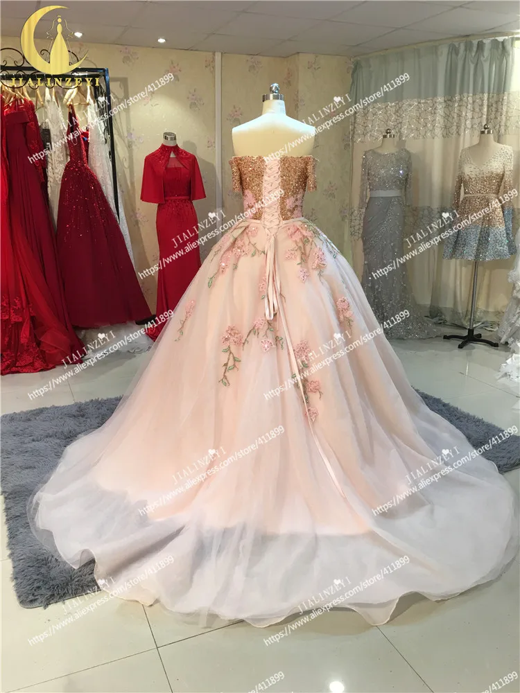 100% Real Picture Boat Neck Full Beads Sequins with Flowers Court Newest Formal Dresses Long Evening Dresses 2020