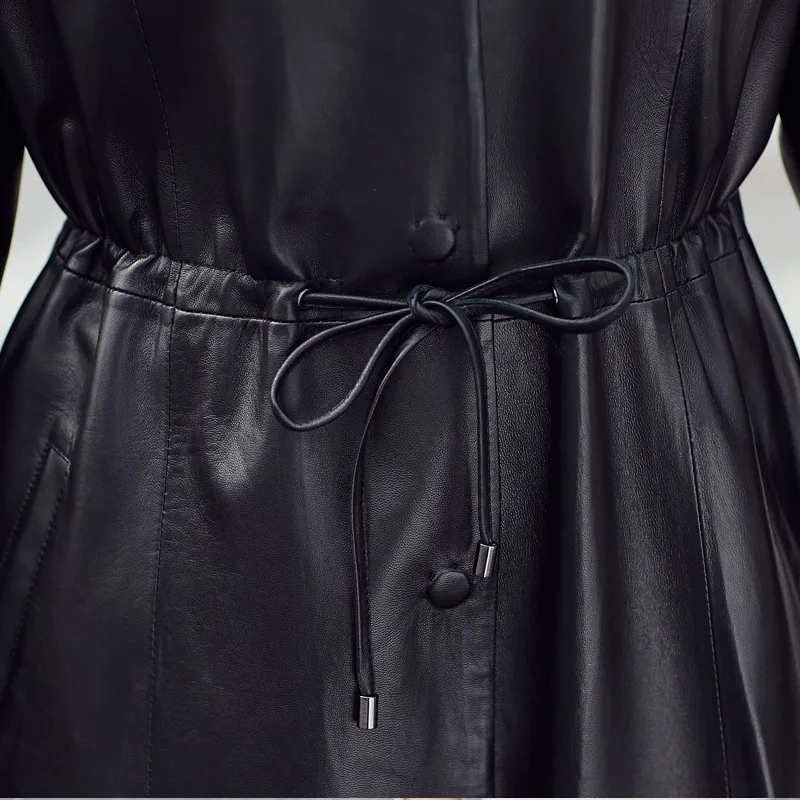 

Women Brand Luxury Soft Sheepskin Real Leather Fashion Long Jacket Coats Black Drawstring Ladies Slim Genuine Leather Coat New