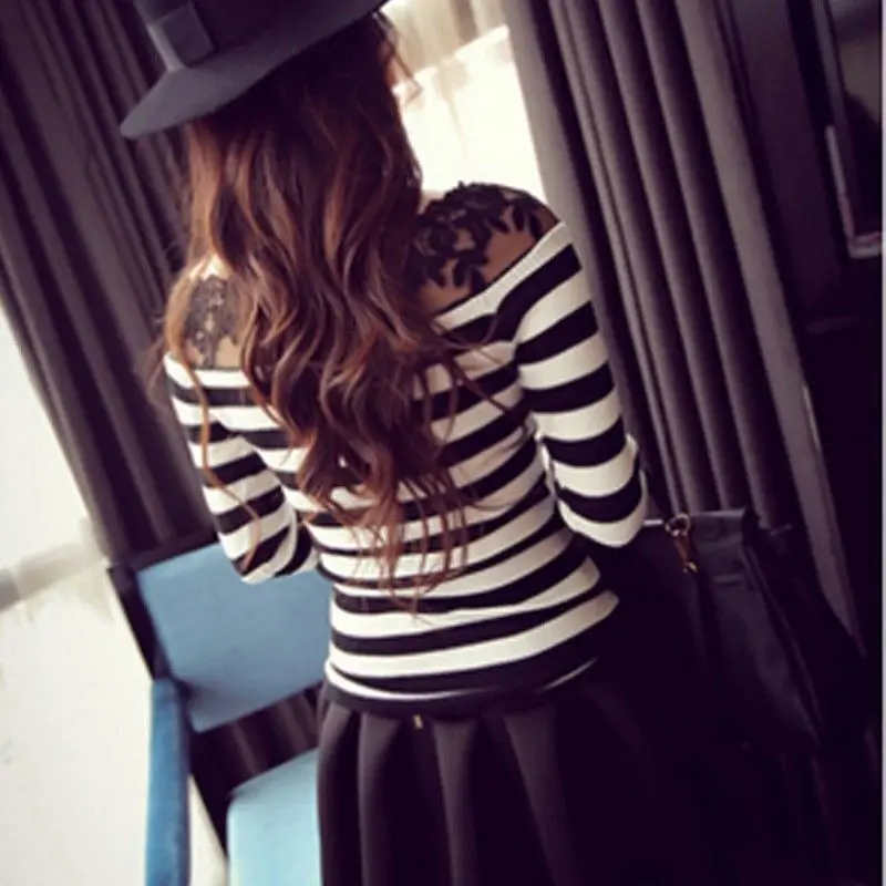 2017 Женщин Футболки Стрейч Цветочные Кружева Лоскутная О Шеи Длинным Рукавом Slim Fit