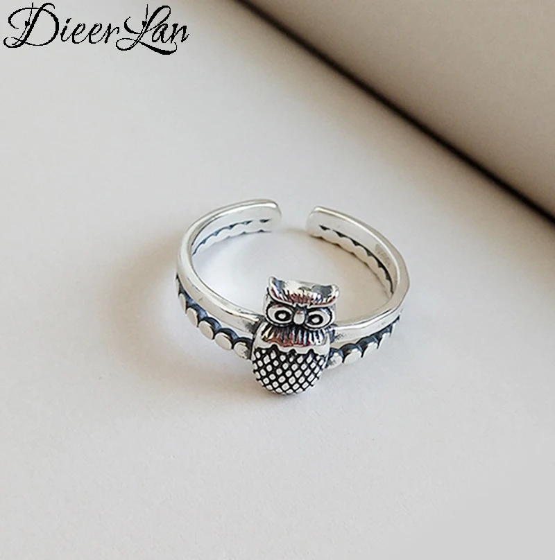 DIEERLAN Bohemian Personality 925 Sterling Silver Owl Finger Rings for Women Vintage Adjustable Antique Ring Anillos