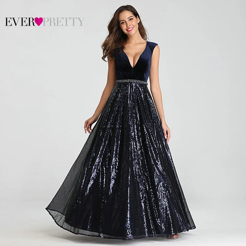 Vestidos De Festa Ever, красивое элегантное ТРАПЕЦИЕВИДНОЕ ПЛАТЬЕ С v-образным вырезом, бархатное, блестящее, с бисером, длинное официальное платье для вечеринки,, сексуальные платья для выпускного вечера - Цвет: Navy Blue
