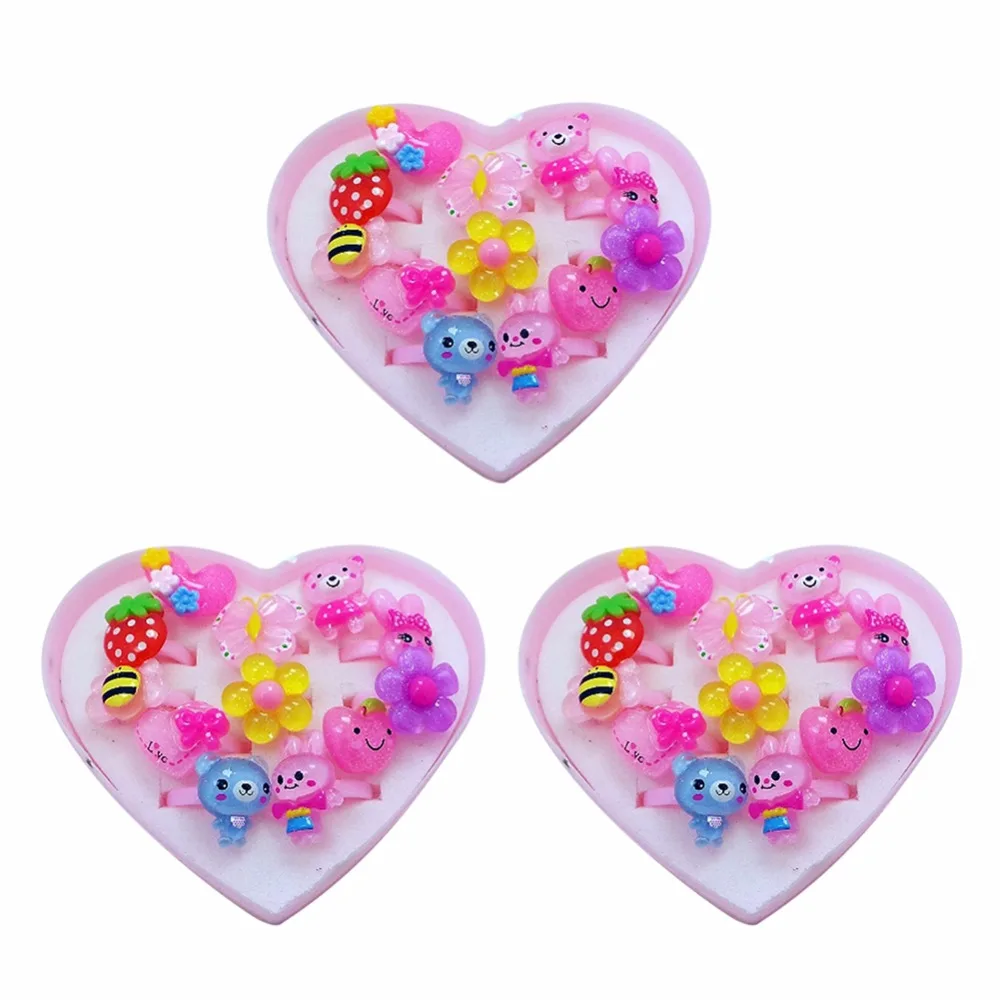 Fatpig 12pcs / set Mix Animals Flower Heart Assorted Baby Kids Girl Children's Cartoon Rings With Display Box For Birthday Gifts |